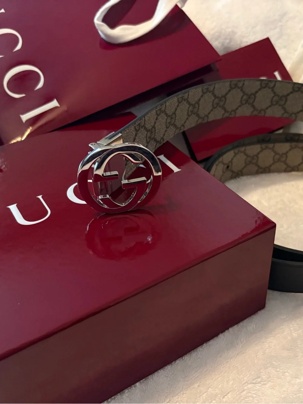 Gucci GG Monogram Belt in Beige with Black Reverse and Silver Buckle